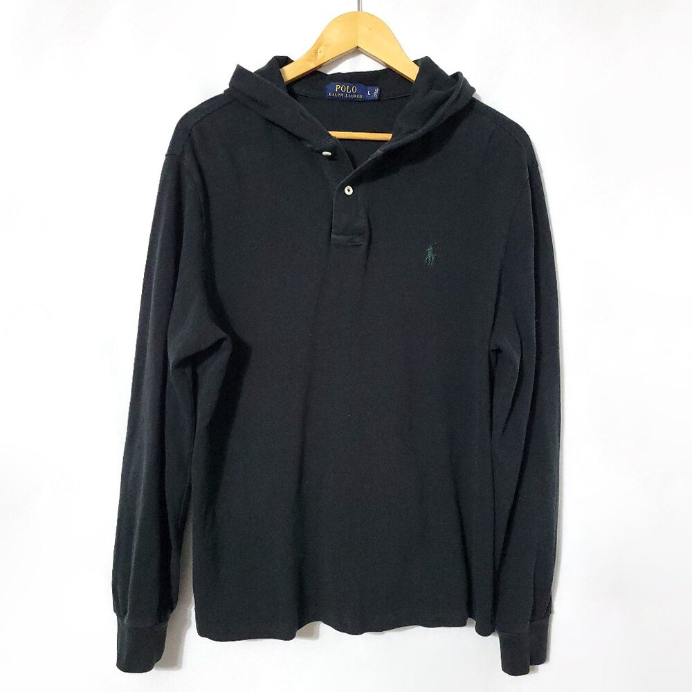 Polo Ralph Lauren Mens Long Sleeve Hooded Shirt Size L Black Cotton Lightweight